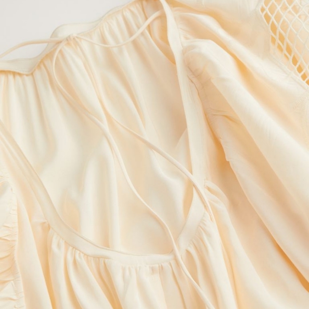 H&M Low Back Voluminous Embroidery Dress Balloon Sleeves Blogger Fave Cream L - Picture 15 of 16